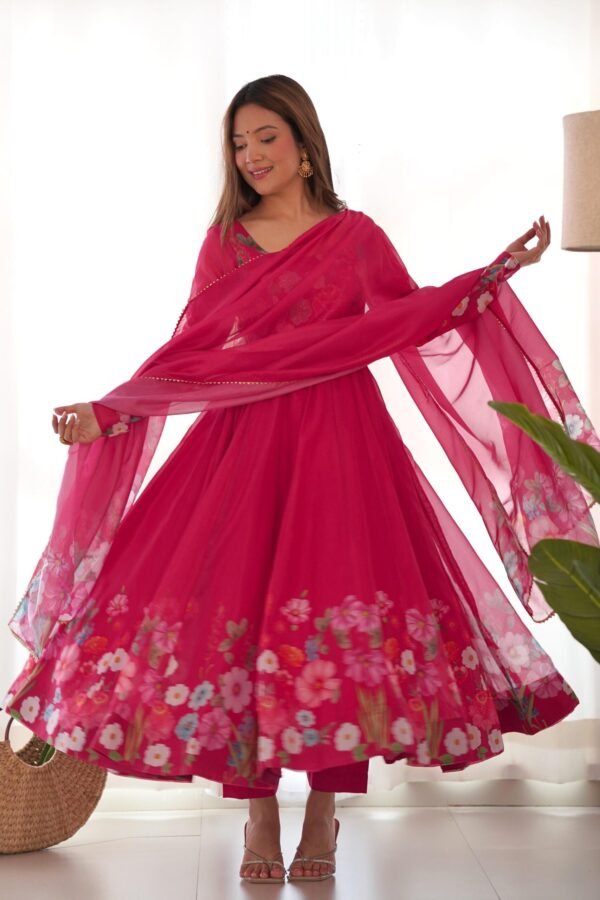 Rani Pink Flower Print Organza Silk Anarkali Suit Set