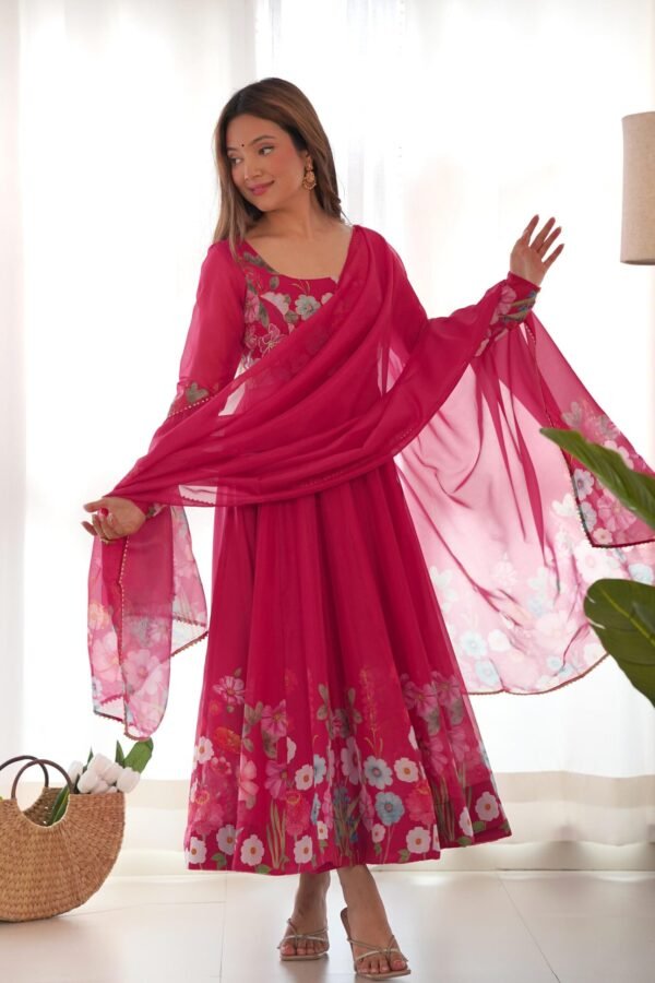 Rani Pink Flower Print Organza Silk Anarkali Suit Set