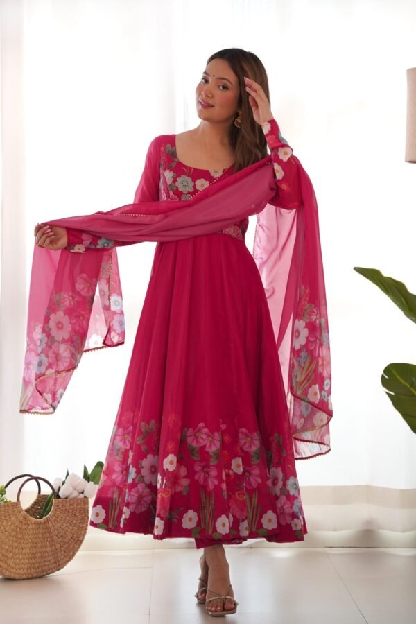 Rani Pink Flower Print Organza Silk Anarkali Suit Set