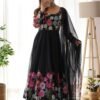 Elegant Black Floral Print Anarkali with Zari Work and Dupatta - Ready-to-Wear