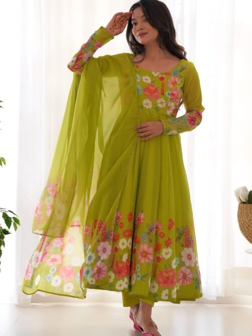 Ready-to-Wear Neon Yellow Floral Anarkali with Handwork & Dupatta