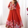 Rust Orange Floral Organza Silk Anarkali Suit Set