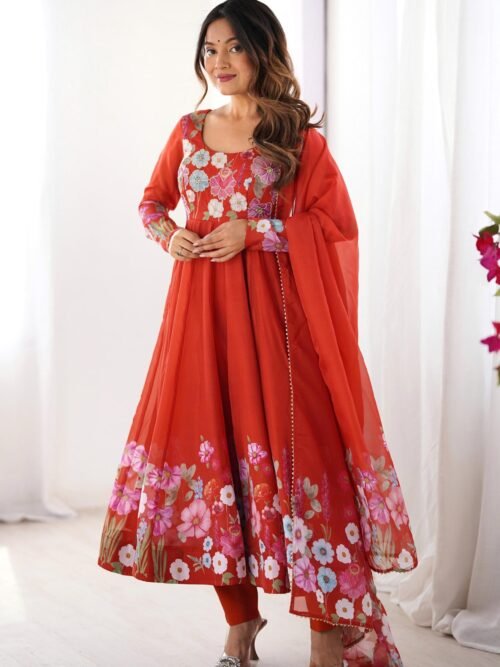 Rust Orange Floral Organza Silk Anarkali Suit Set