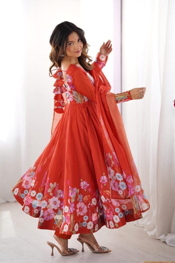 Rust Orange Floral Organza Silk Anarkali Suit Set