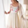 Floral Elegance: Cream Color Flower Print Anarkali with Zari Work and Dupatta
