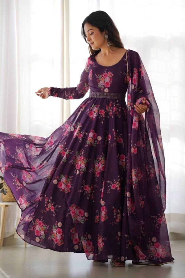 Feel Like Royalty in this Wine Color Floral Gown with Lucknowi Belt and Dupatta