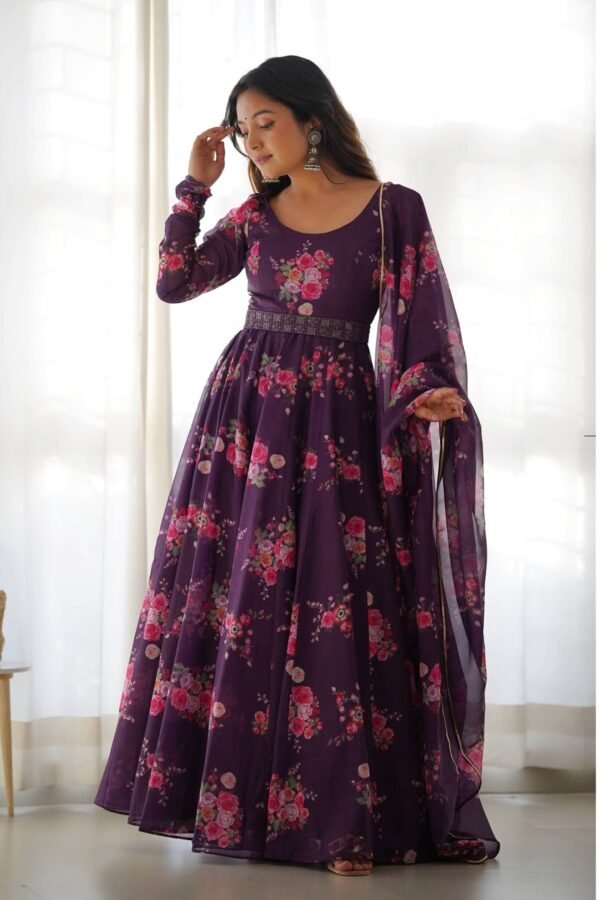 Feel Like Royalty in this Wine Color Floral Gown with Lucknowi Belt and Dupatta