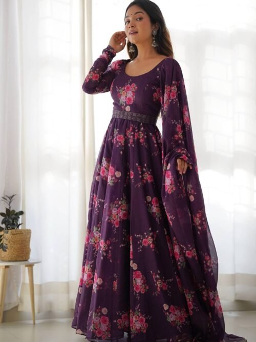 Feel Like Royalty in this Wine Color Floral Gown with Lucknowi Belt and Dupatta