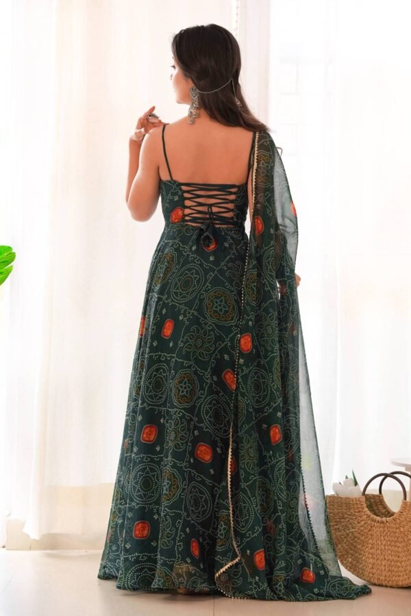 Green Bandhej Print Chiffon Gown with Dupatta - Lightweight & Flowy