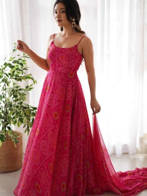 Flaunt Your Style with our Ready-to-Wear Pink Bandhej Print Chiffon Gown