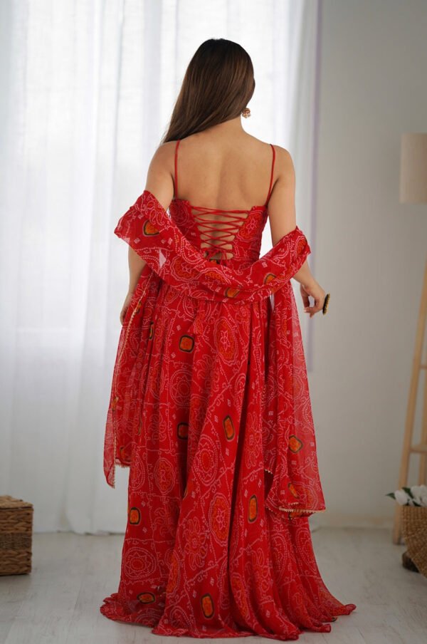 Red Bandhej Print Chiffon Anarkali Gown with Dupatta