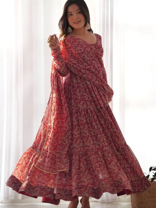 Maroon Kalamkari Print Ready-to-Wear Gown with Dupatta