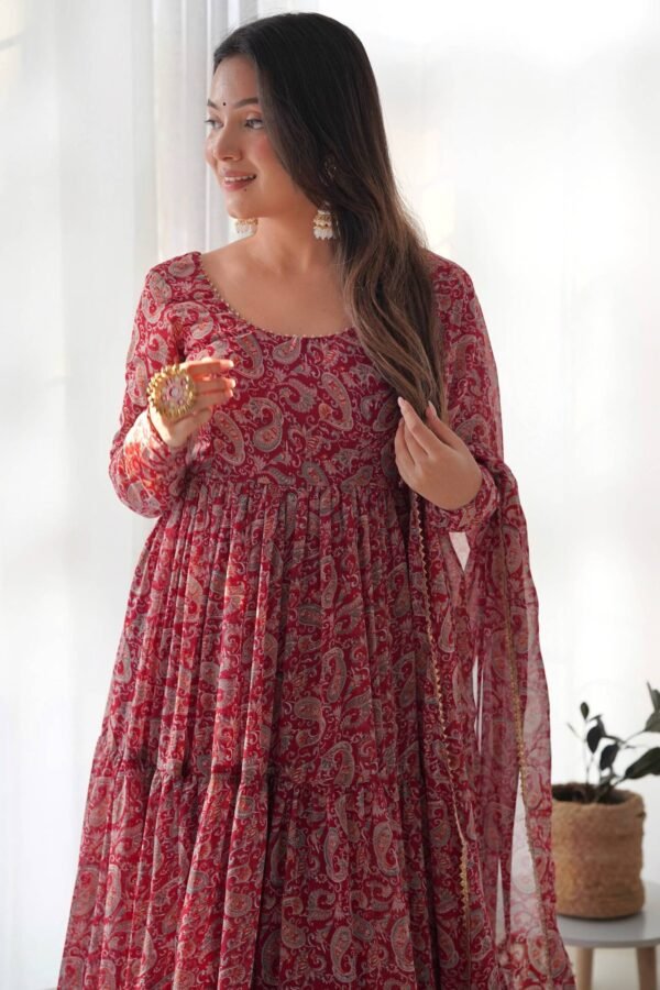 Maroon Kalamkari Print Ready-to-Wear Gown with Dupatta