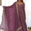 Mauve Pure Romansilk Chanderi Anarkali Suit with Embroidered Dupatta