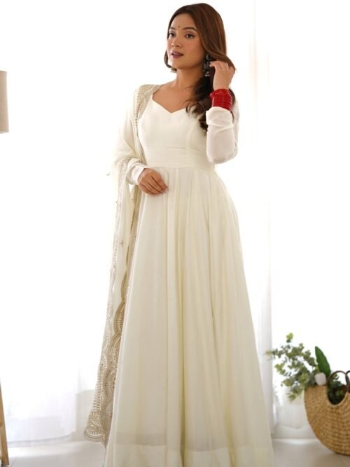 Exquisite White Heavy Pure Romansilk Anarkali Suit with Embroidery Sequence Dupatta