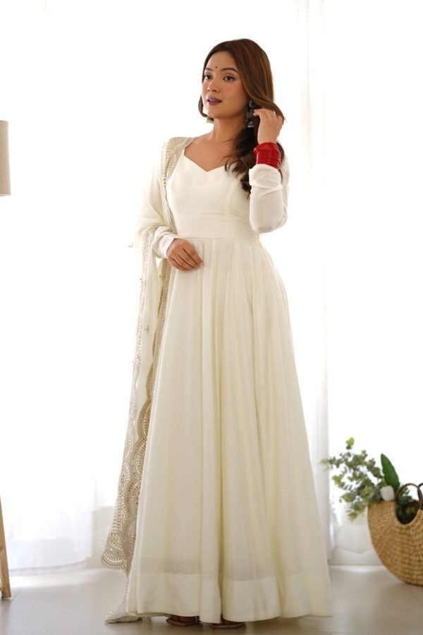 Exquisite White Heavy Pure Romansilk Anarkali Suit with Embroidery Sequence Dupatta