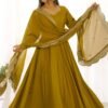 Mustard Chanderi Roman Silk Anarkali Gown with Embroidered Dupatta