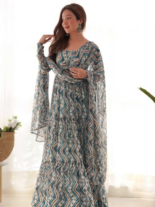 Suratikart Light Blue Zigzag Print Georgette Gown with Dupatta