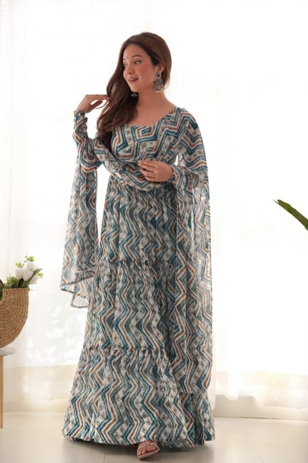 Suratikart Light Blue Zigzag Print Georgette Gown with Dupatta