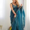 Luxurious Teal Blue Saree in Gold Crush Tissue Silk