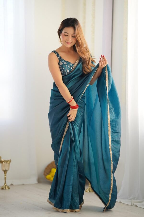 Luxurious Teal Blue Saree in Gold Crush Tissue Silk