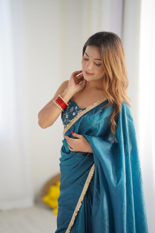 Luxurious Teal Blue Saree in Gold Crush Tissue Silk