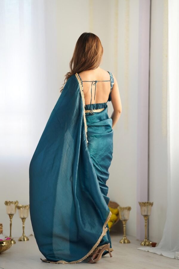 Luxurious Teal Blue Saree in Gold Crush Tissue Silk