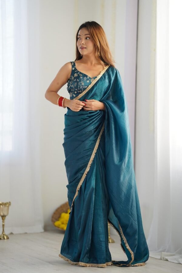 Luxurious Teal Blue Saree in Gold Crush Tissue Silk