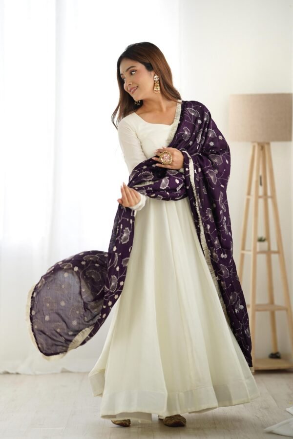 White Silk Anarkali Gown with Purple Heavy Embroidered Dupatta