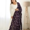 White Silk Anarkali Gown with Purple Heavy Embroidered Dupatta