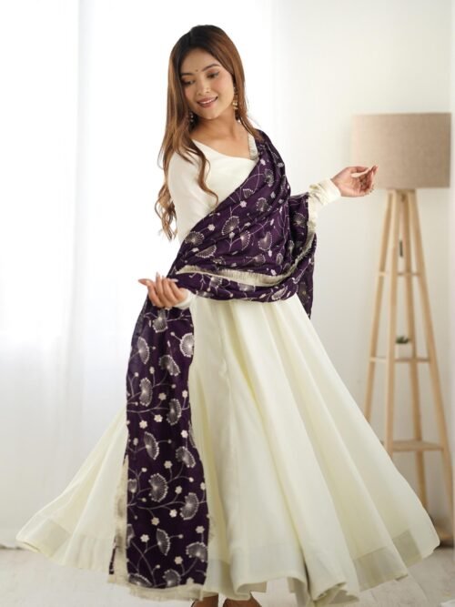 White Silk Anarkali Gown with Purple Heavy Embroidered Dupatta