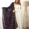 White Silk Anarkali Gown with Purple Heavy Embroidered Dupatta