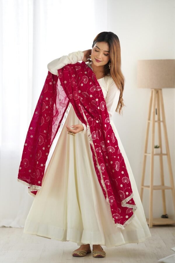 White Vichitra Silk Anarkali Suit with Rani Pink Heavy Dupatta