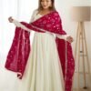 White Vichitra Silk Anarkali Suit with Rani Pink Heavy Dupatta