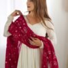 White Vichitra Silk Anarkali Suit with Rani Pink Heavy Dupatta