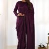 Wine Velvet Ready-to-Wear Saree with Fully Stitched Blouse