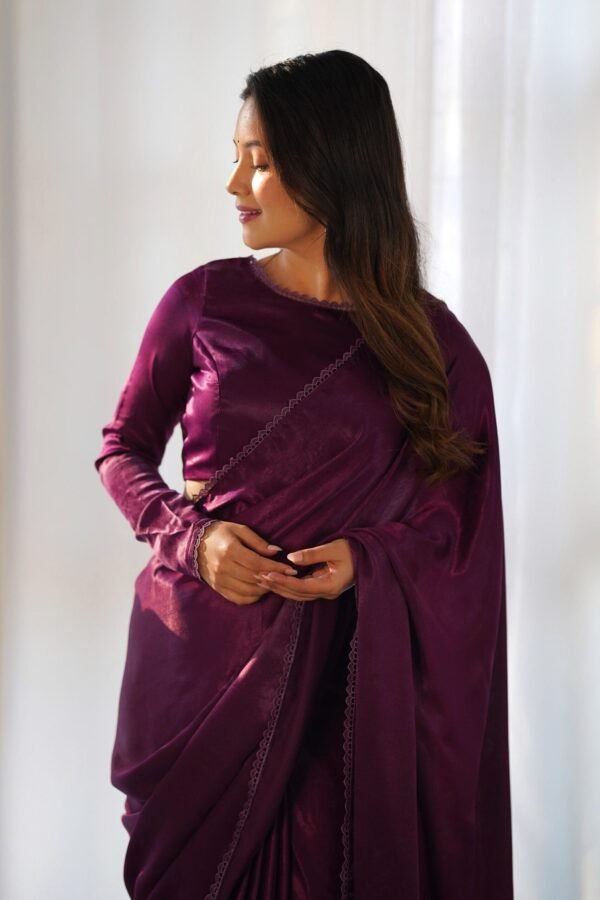 Wine Velvet Ready-to-Wear Saree with Fully Stitched Blouse