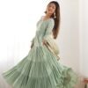 Pistachio Green Roman Silk Four-Layer Anarkali Gown Set