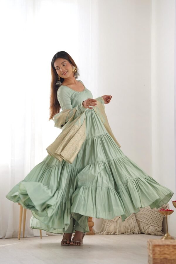 Pistachio Green Roman Silk Four-Layer Anarkali Gown Set