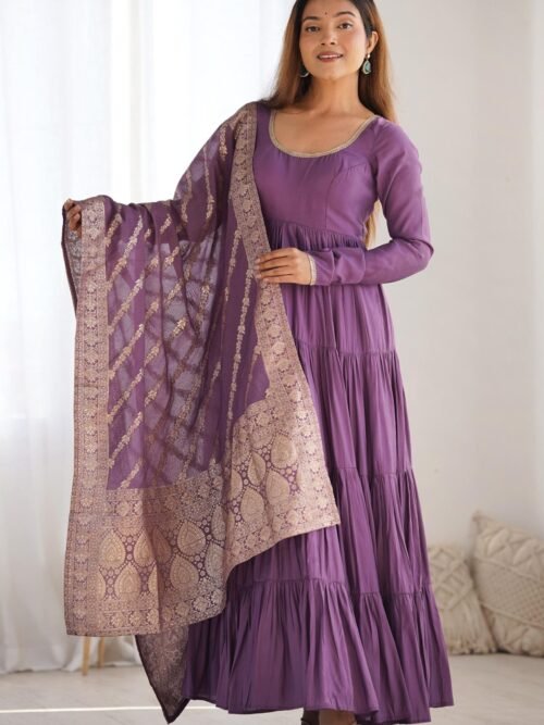 Lavender Heavy Roman Silk Chanderi Anarkali Suit Set