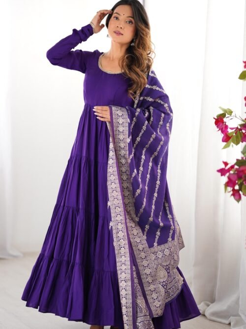 Purple Roman Silk Four-Layer Anarkali Gown Set