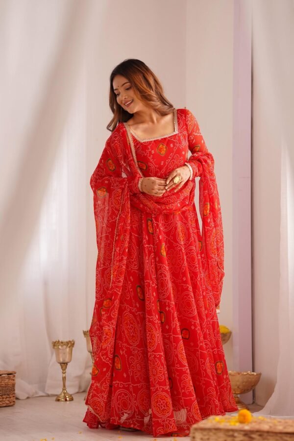 Red Bandhej Print Chiffon Anarkali Suit Set
