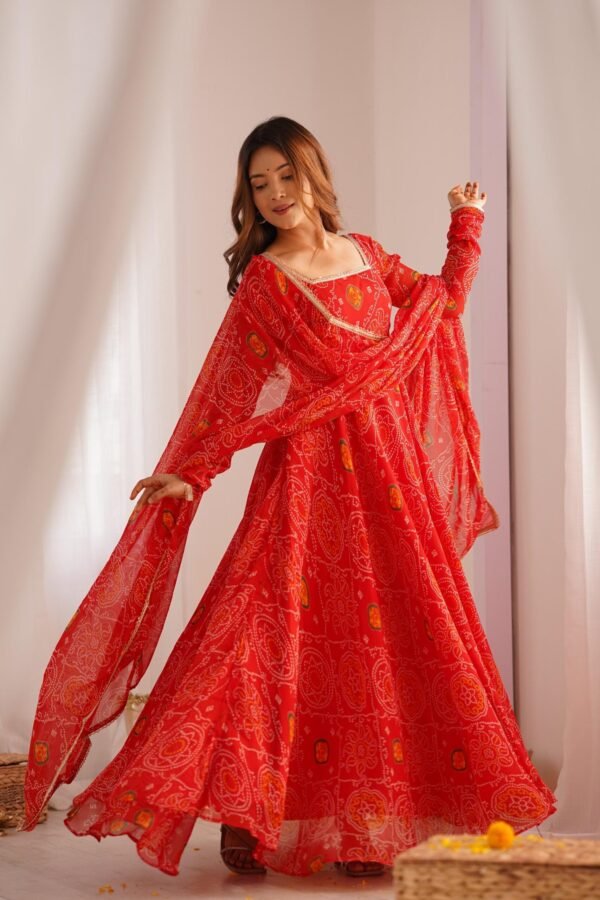 Red Bandhej Print Chiffon Anarkali Suit Set