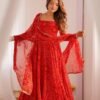Red Bandhej Print Chiffon Anarkali Suit Set
