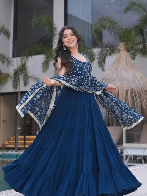 Neha Bhandari Teal Blue Anarkali Gown for Special Occasions