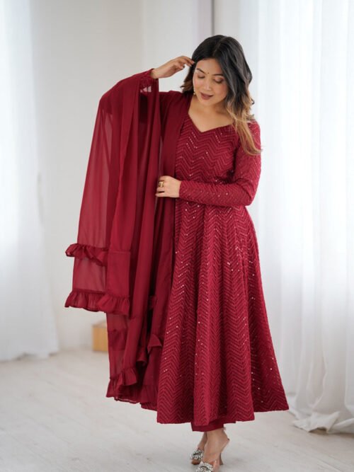 Maroon Color Lucknowi Sequence Work Anarkali Suit