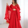 Red Color Lucknowi Work Anarkali Suit with Ruffle Dupatta