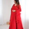 Red Color Lucknowi Work Anarkali Suit with Ruffle Dupatta