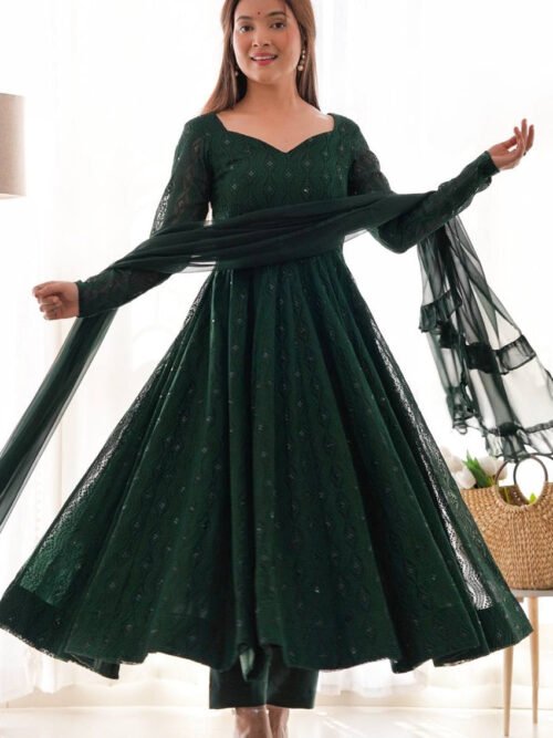 Lucknowi Work Jungle Green Anarkali Suit