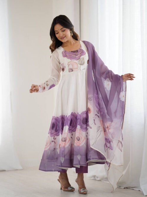 Brinjal Color Organza Silk Anarkali Suit with Dupatta